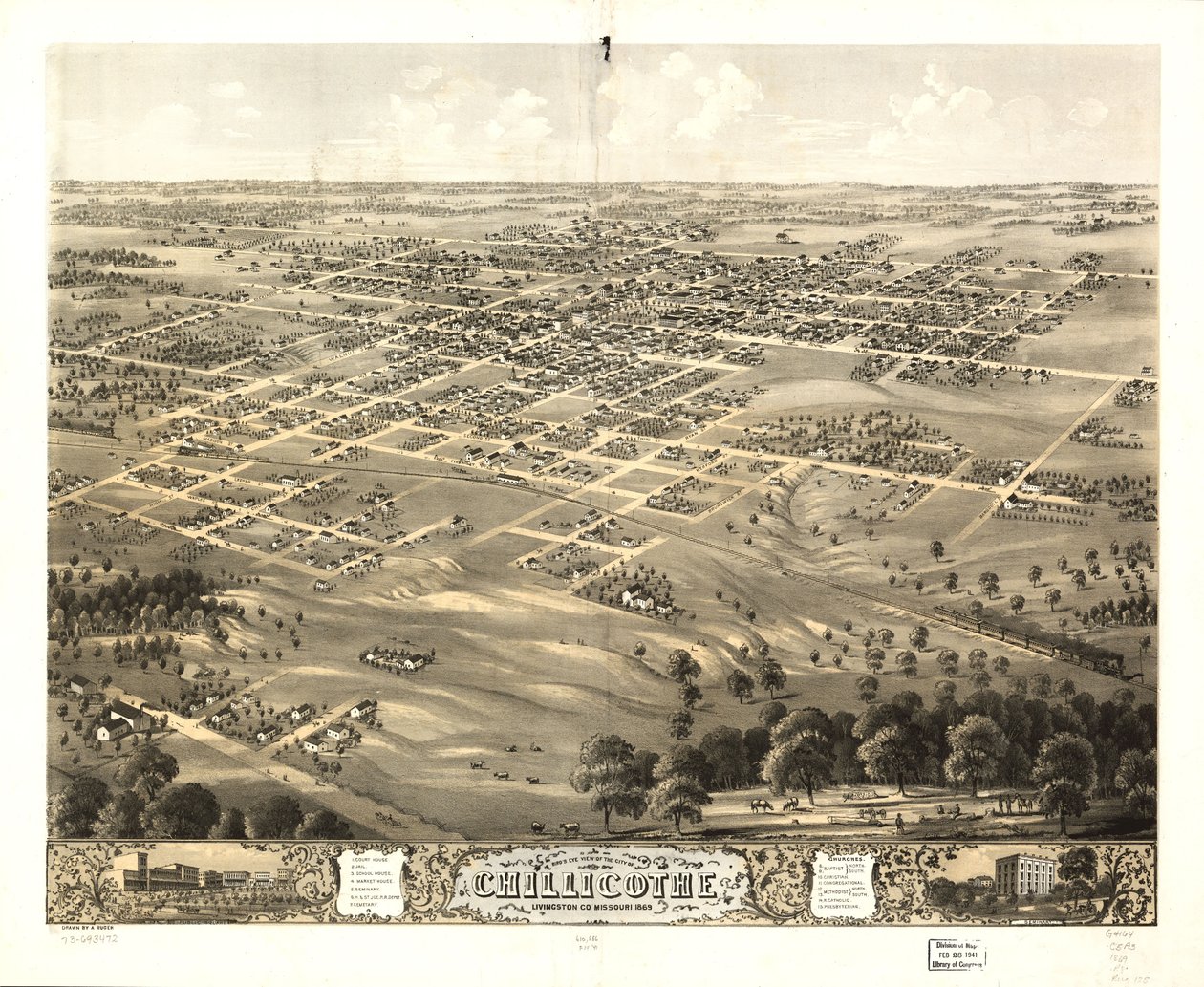 Vogelperspektive der Stadt Chillicothe, Livingston Co., Missouri 1869 von A. Ruger
