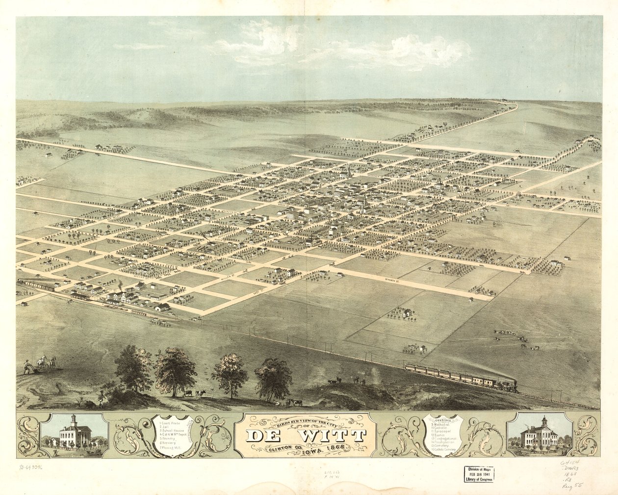 Vogelperspektive der Stadt De Witt, Clinton Co., Iowa 1868 von A. Ruger