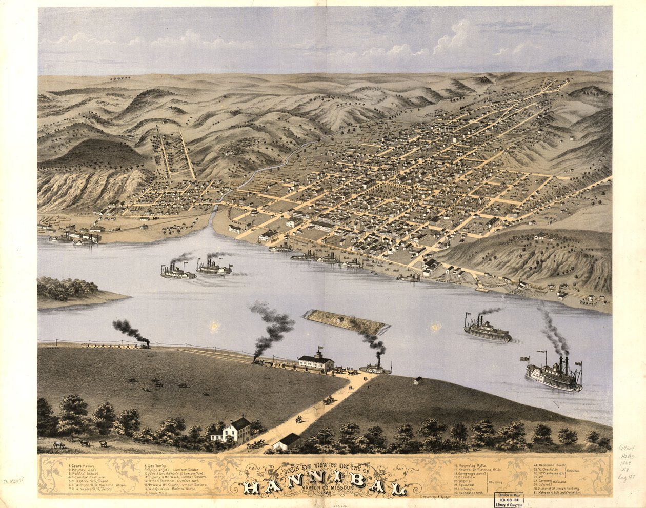 Vogelperspektive der Stadt Hannibal, Marion Co., Missouri 1869 von A. Ruger