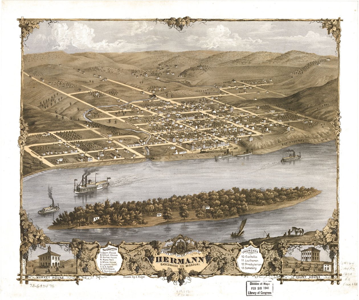 Vogelperspektive der Stadt Hermann, Gasconade Co., Missouri 1869 von A. Ruger