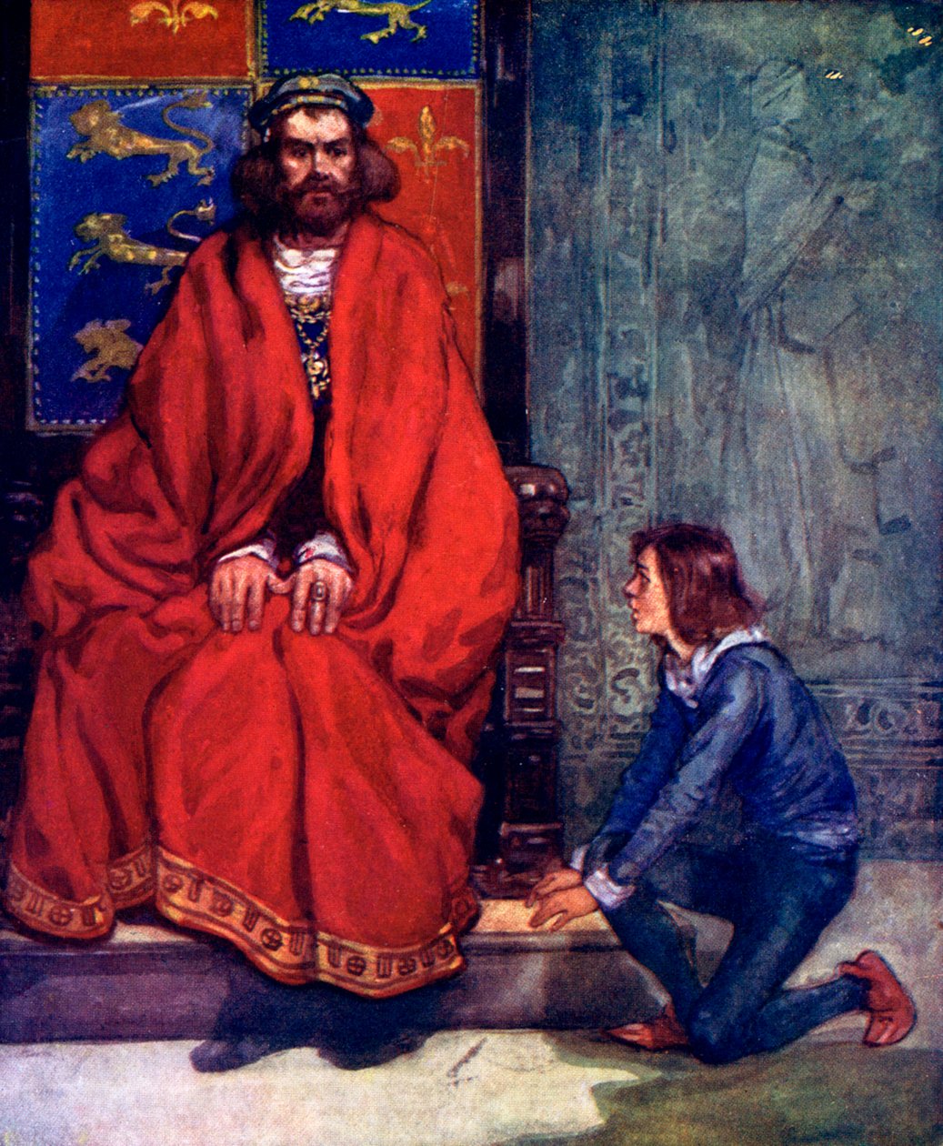 Der kleine Junge kniete vor dem König und stotterte die Geschichte heraus, 1120, 1905 von A. S. Forrest