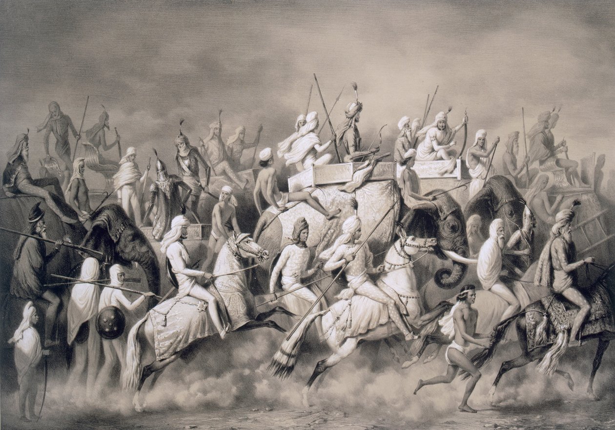 Chir Singh, Maharadscha der Sikhs und König von Punjab mit seinem Gefolge auf der Jagd in der Nähe von Lahore, 1859 von A. Soltykoff