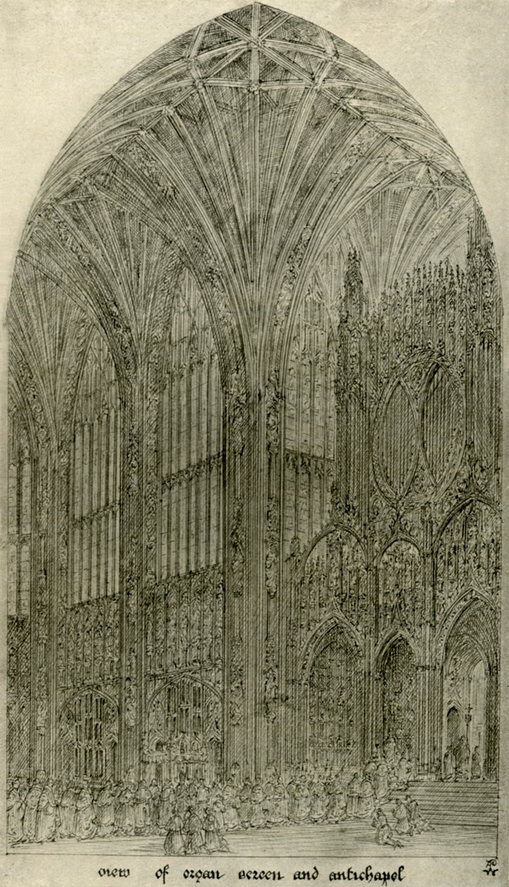 Architektonische Zeichnung: Ansicht der Orgelwand und Antikapelle, 1833-1834, 1906 von A. W. N. Pugin