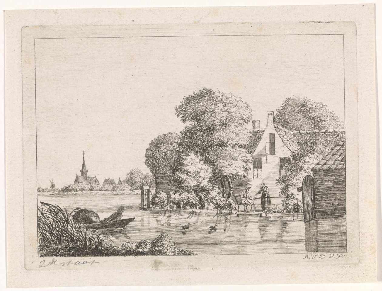 Angler und eine Frau vor einem Haus von A. van de Velde