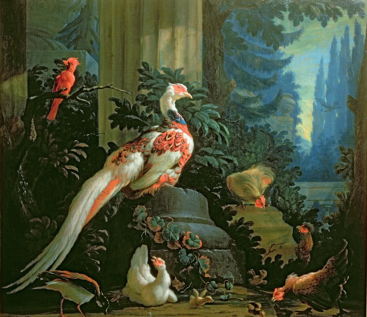 Ein weißer Fasan, ein roter Kardinal und Geflügel in einer Landschaft von Abraham Bisschop