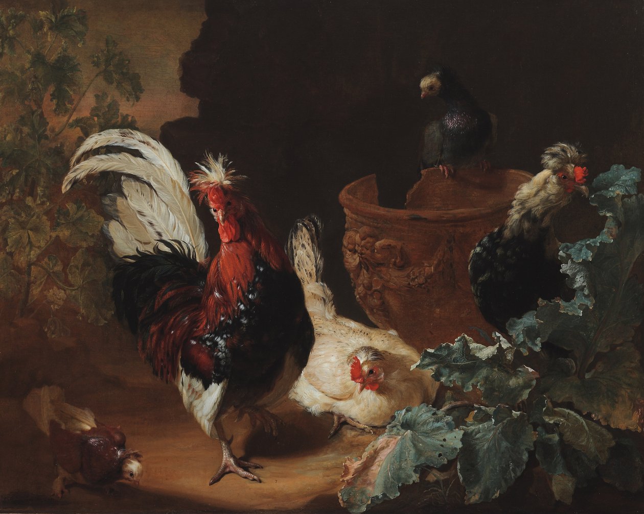 Ein Hahn, zwei Hühner und zwei Tauben bei einer antiken beschädigten Terrakottavase in einer Landschaft, 1695 von Abraham Bisschop