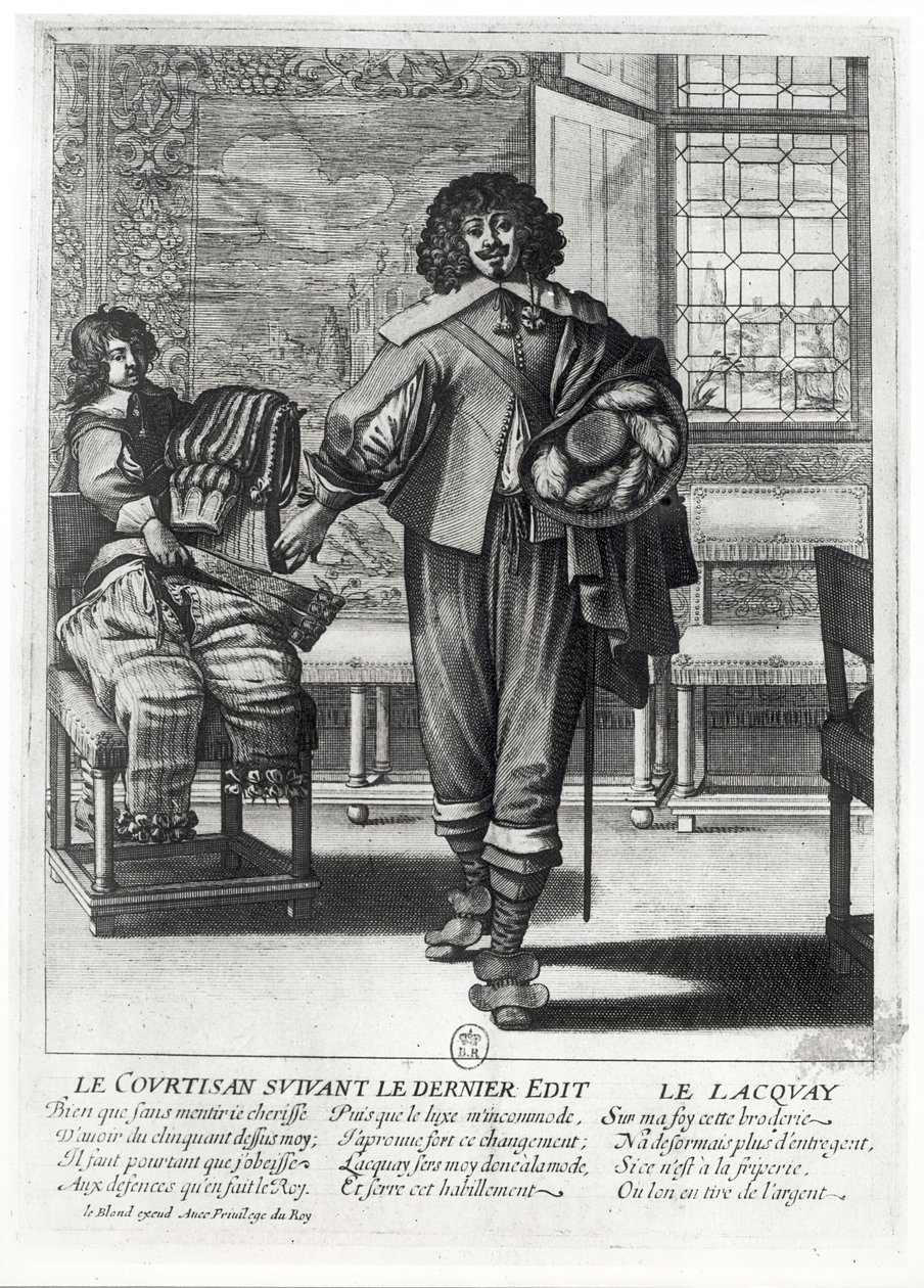 Höfling, der dem letzten königlichen Edikt von 1633 folgt, und sein Lakai von Abraham Bosse