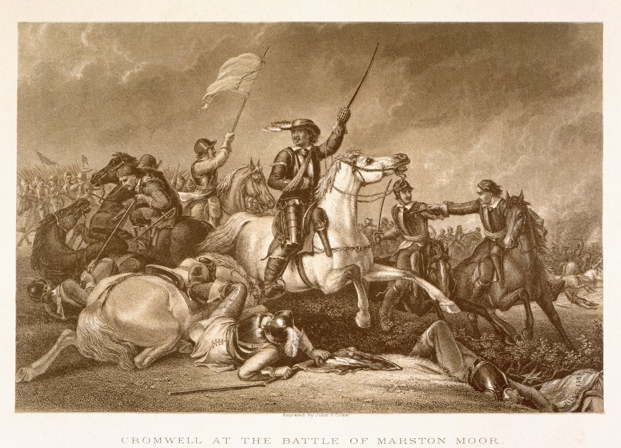 Cromwell führt den Angriff an, nachdem er am rechten Arm in der Schlacht von Marston Moor, 2. Juli 1644, verwundet wurde, graviert von John Crew von Abraham Cooper