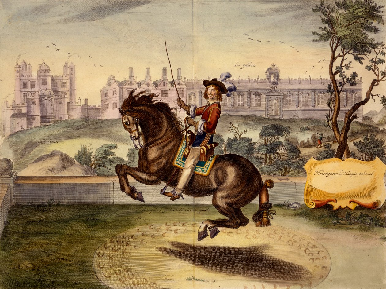 Cavendish führt eine Volte aus, mit Bolsover Castle und seinem ...