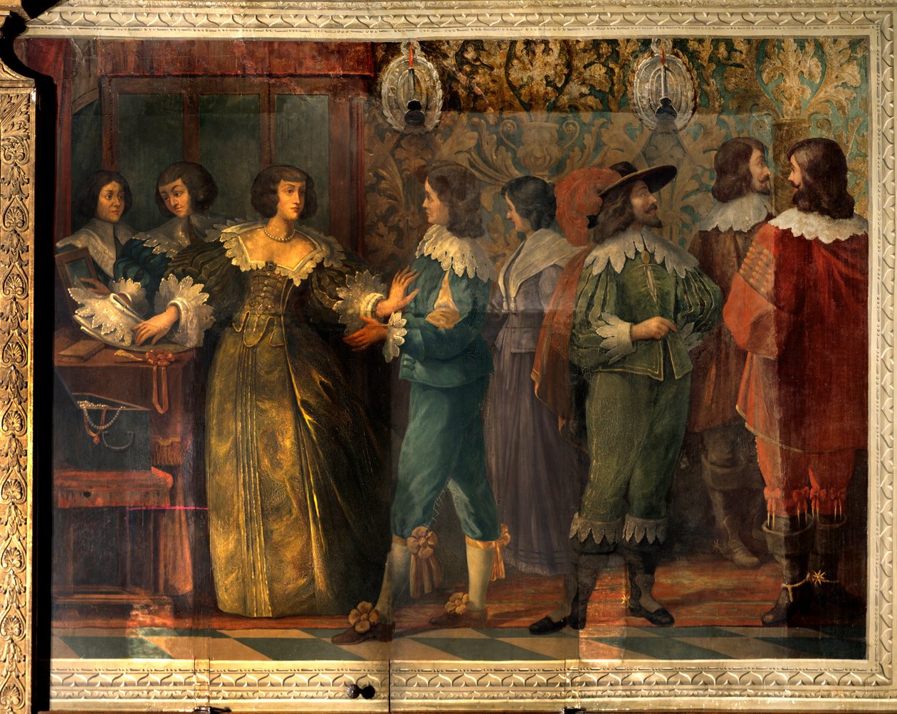 Szene aus dem Leben von Charles de Valois (1573-1650), Herzog von Angouleme - Party-Szene anlässlich der Hochzeit von Charles de Valois mit seiner zweiten Frau im Jahr 1644 - Eine Frau, von einem Höfling angesprochen, zögert, ihr Halsband anzulegen - Fresk von Abraham (after) Bosse
