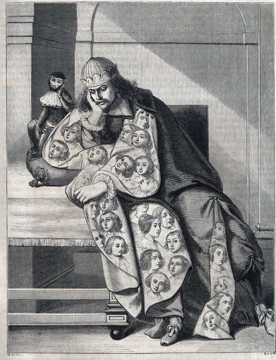 Der mit Bosheit gefüllte Mann: ein Mann mit einem doppelten Mantel aus Frauenköpfen meditiert mit einem Affen an seiner Seite. Reproduktion eines Drucks von Abraham Bosse (1604-1676). von Abraham (after) Bosse