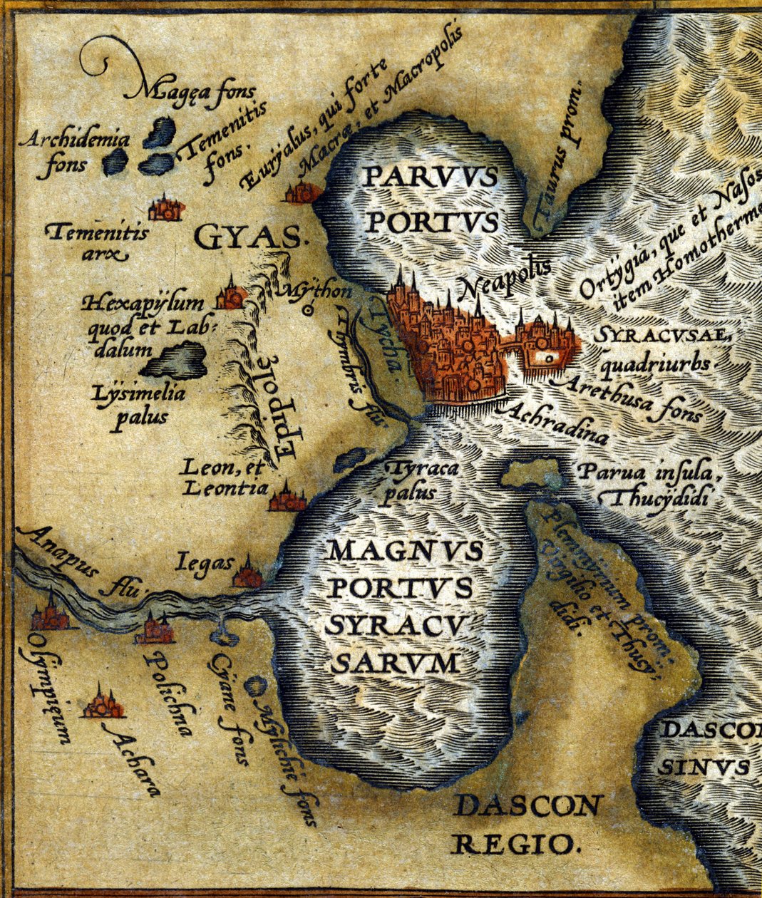 Der antike Hafen von Syrakus in Sizilien nach dem „Atlas“ von Abraham Ortelius von Abraham (after) Ortelius