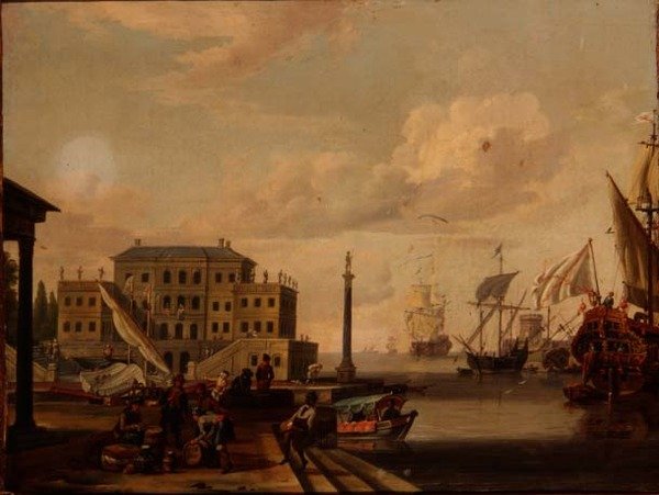 Ein Capriccio eines Mittelmeerhafens mit Händlern und vor Anker liegenden Schiffen von Abraham (follower of) Storck
