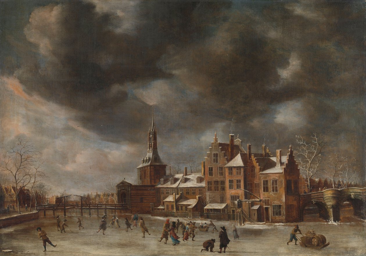 Die Blauwpoort in Leiden im Winter von Abraham Beerstraten