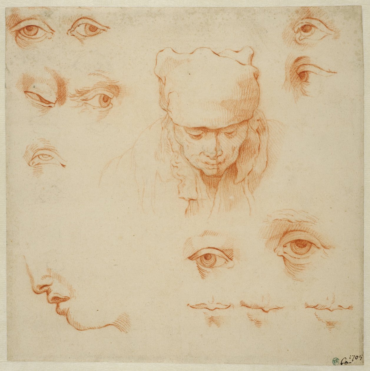 Kopf einer alten Frau und Studien von Augen und Mündern von Abraham Bloemaert