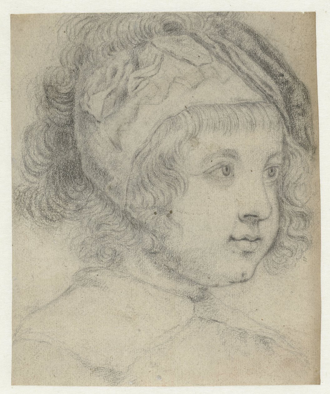 Kinderkopf mit lockigem Haar und Mütze, nach rechts von Abraham Bloteling