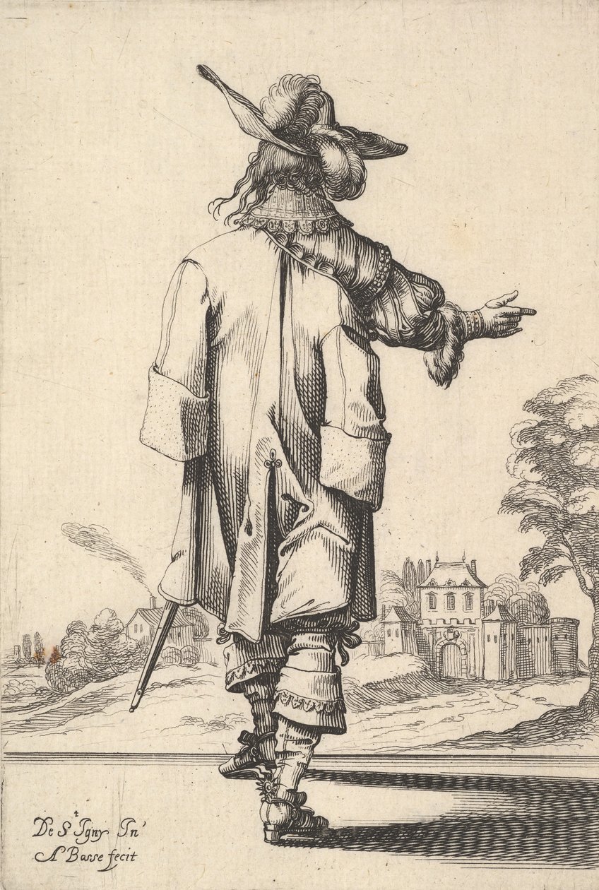 Ein Herr, von hinten gesehen, mit ausgestrecktem rechten Arm und einem Umhang über der linken Schulter von Abraham Bosse