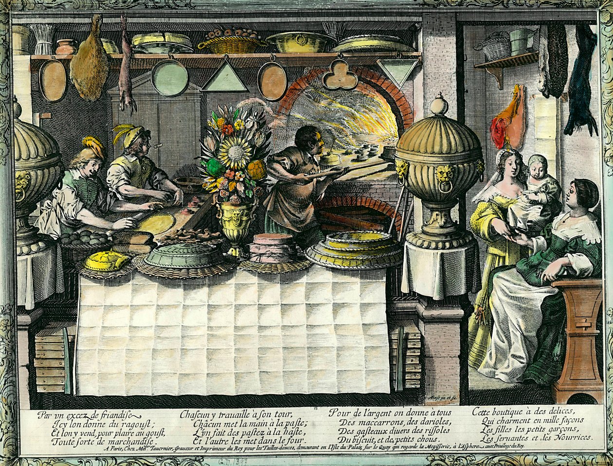 Eine Konditorei im 17. Jahrhundert: die Hinterstube, in der Bäcker und Konditoren Kuchen und Brote herstellen und backen, und Kunden im Laden. Kuchenform hängt an der Wand. Gravur von Abraham Bosse (1602-1676) von Abraham Bosse