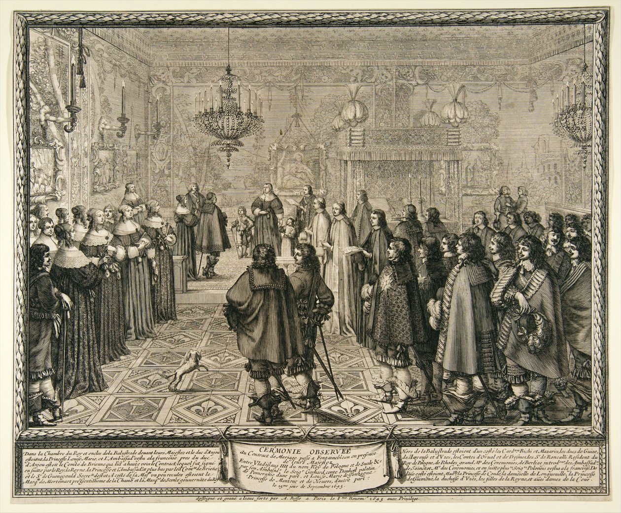 Zeremonie zur Übergabe des Ehevertrags von Władysław IV. und Marie Louise Gonzaga in Fontainebleau von Abraham Bosse