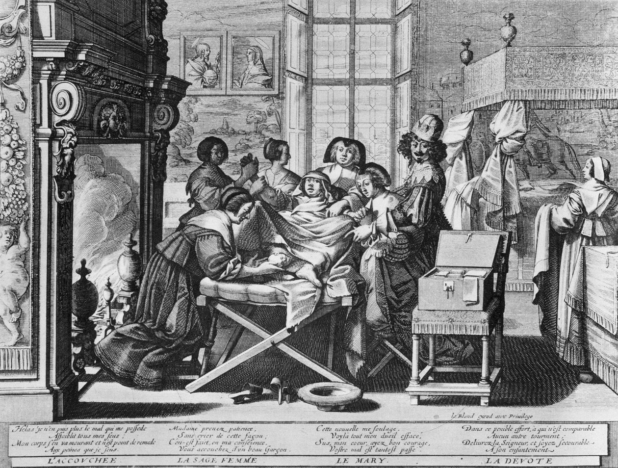 Gravurserie (Radierung) mit dem Titel „Die Hochzeit mit der Stadt“ von 1633 von Abraham Bosse - „Geburt“: auf dem Arbeitsbett von Abraham Bosse