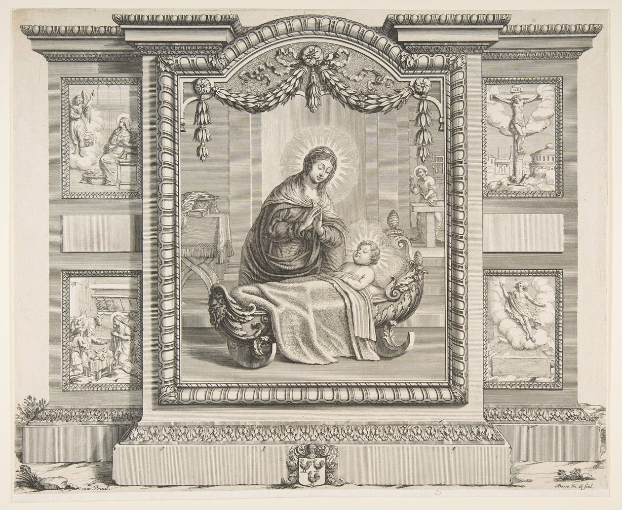 Die Geburt Christi mit Szenen der Verkündigung, der Anbetung der Hirten, der Kreuzigung, 1620-76 von Abraham Bosse