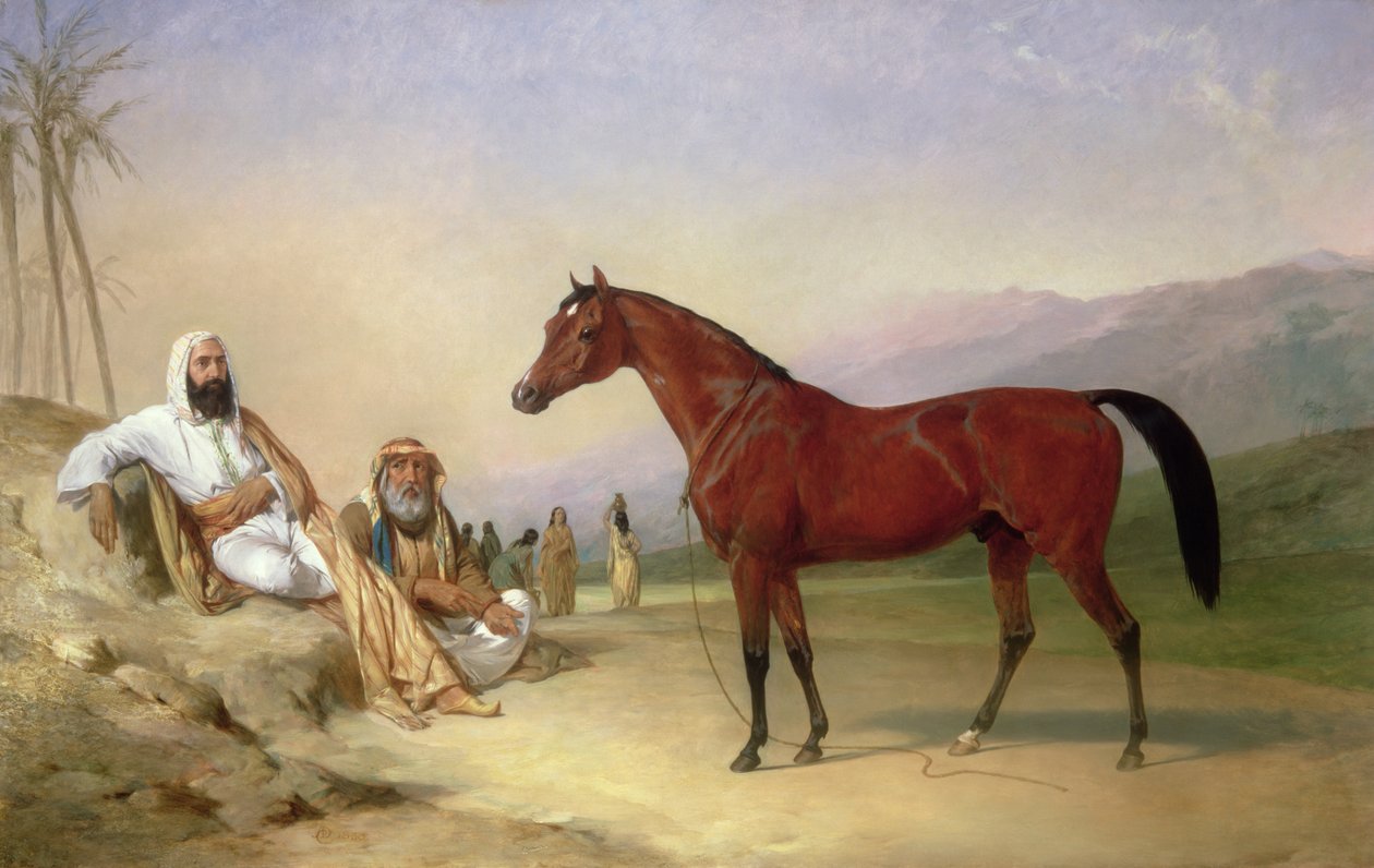 Zwei Beduinen mit einem Araberhengst in der Wüste von Abraham Cooper