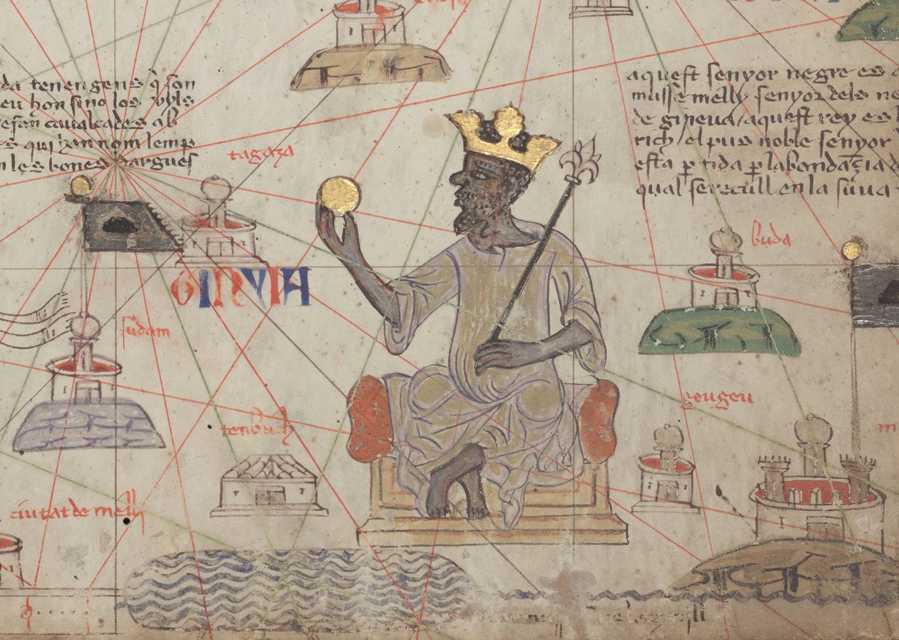 Detail aus dem Katalanischen Atlas, Blatt 6, zeigt Mansa Musa auf dem Thron, 1375 von Abraham Cresques