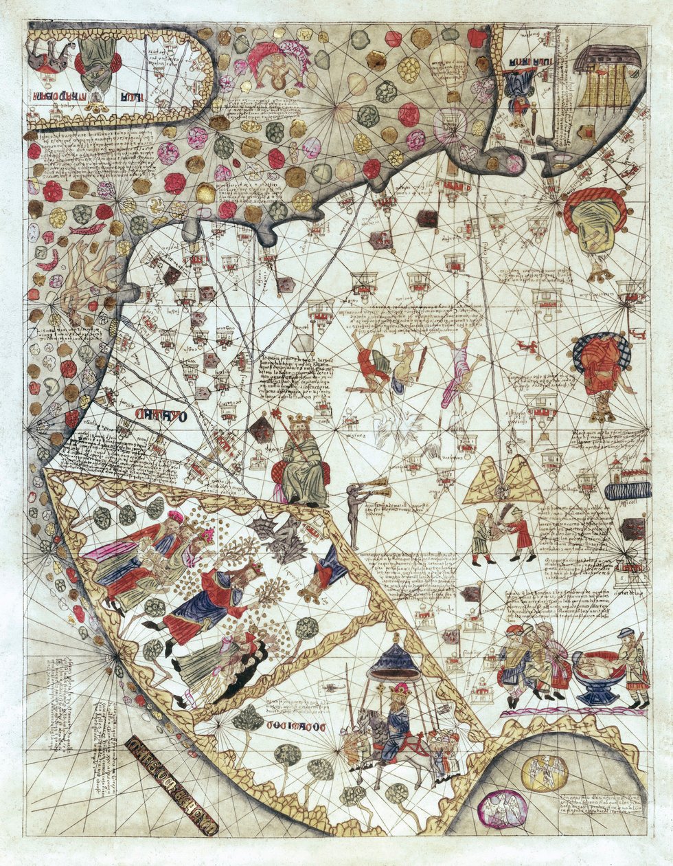 Karte von China (Cathay), mit Beschreibungen kleiner Szenen, Abgrenzung der Königreiche mit jeweils dargestelltem Herrscher von Abraham and Cresques Jehuda Cresques