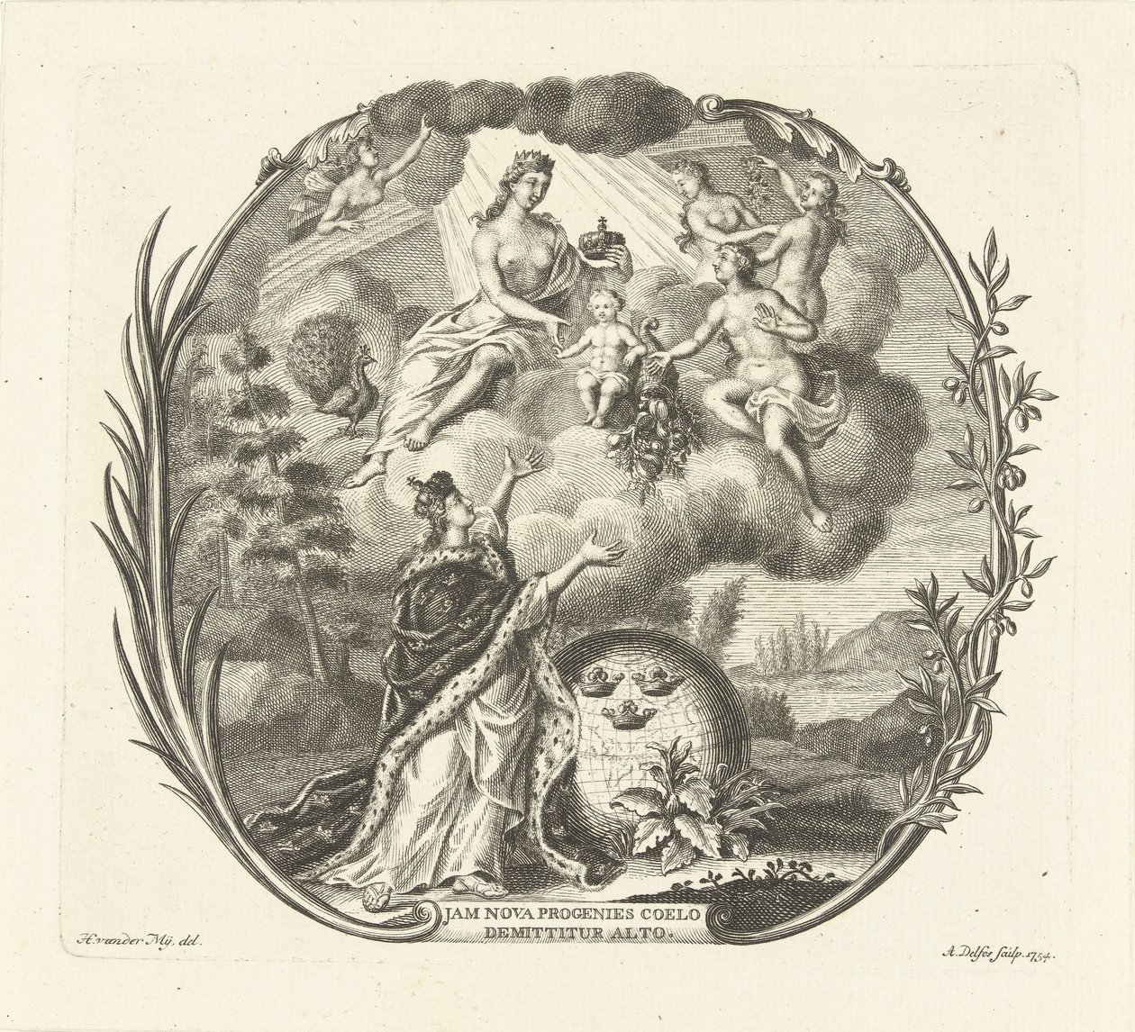 Allegorie auf die Geburt eines Kindes mit Juno und Überfluss von Abraham Delfos