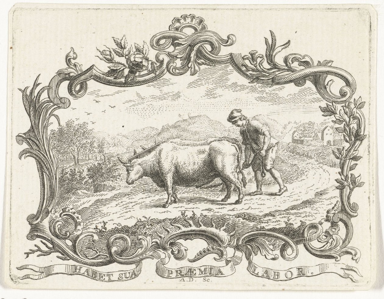 Bauer pflügt ein Feld mit zwei Ochsen, in Kartusche von Abraham Delfos