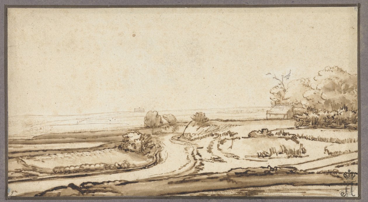 Hügelige Landschaft mit Weg und Haus am Waldrand von Abraham Furnerius