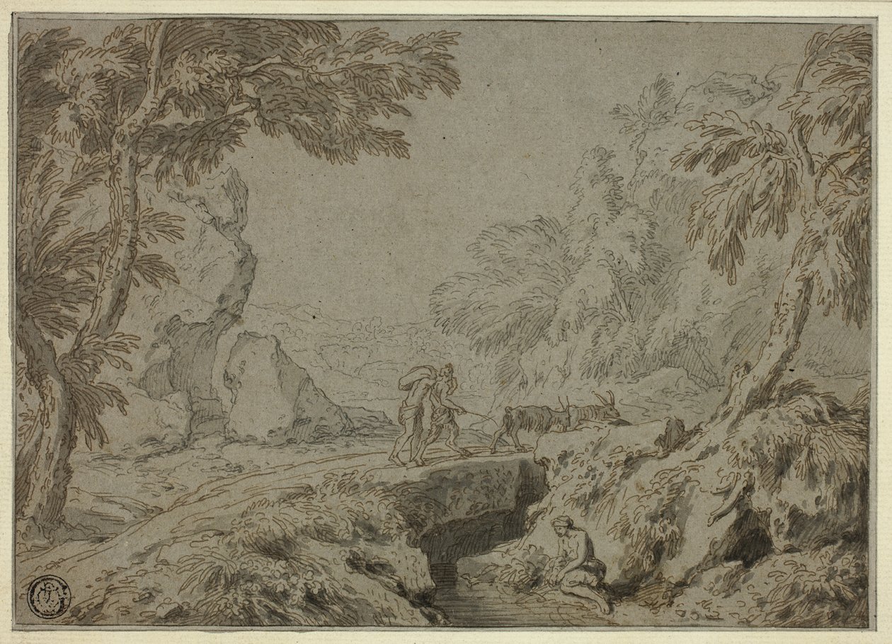 Landschaft mit Satyr, Ziegen und anderen Figuren von Abraham Genoels II