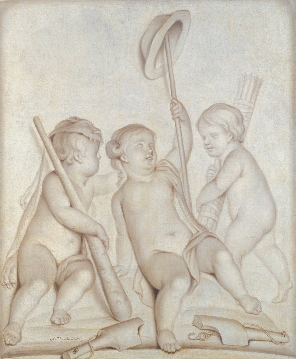 Die drei Cherubim, Putti mit den Attributen von Herkules und Merkur, 1767 von Abraham Hendrick van Beesten