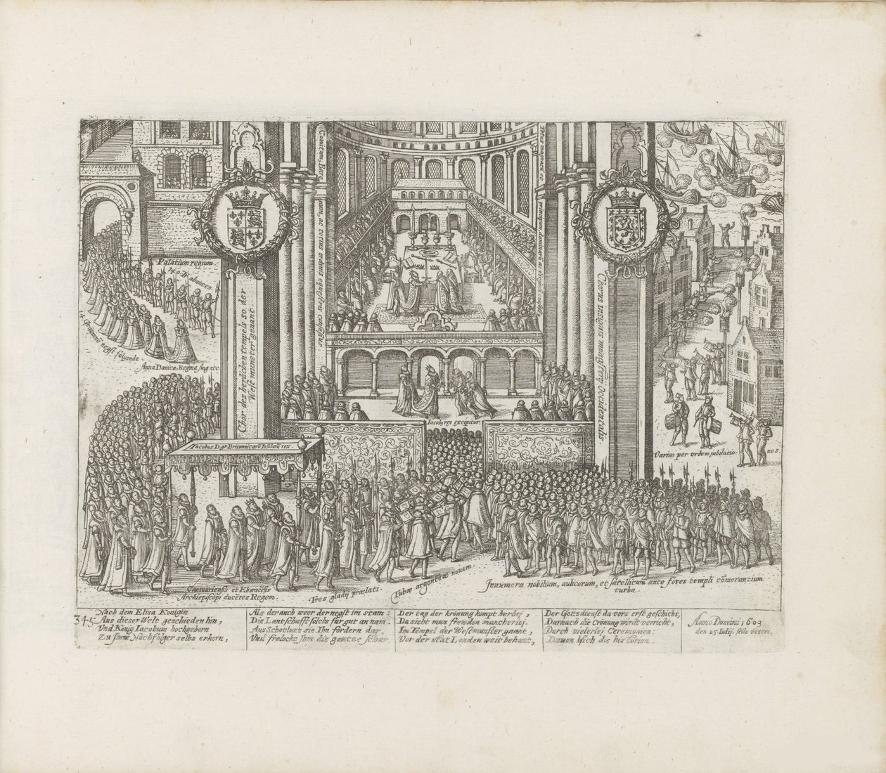 Ansicht des Äußeren der Westminster Abbey während der Krönung von James I. von Abraham Hogenberg