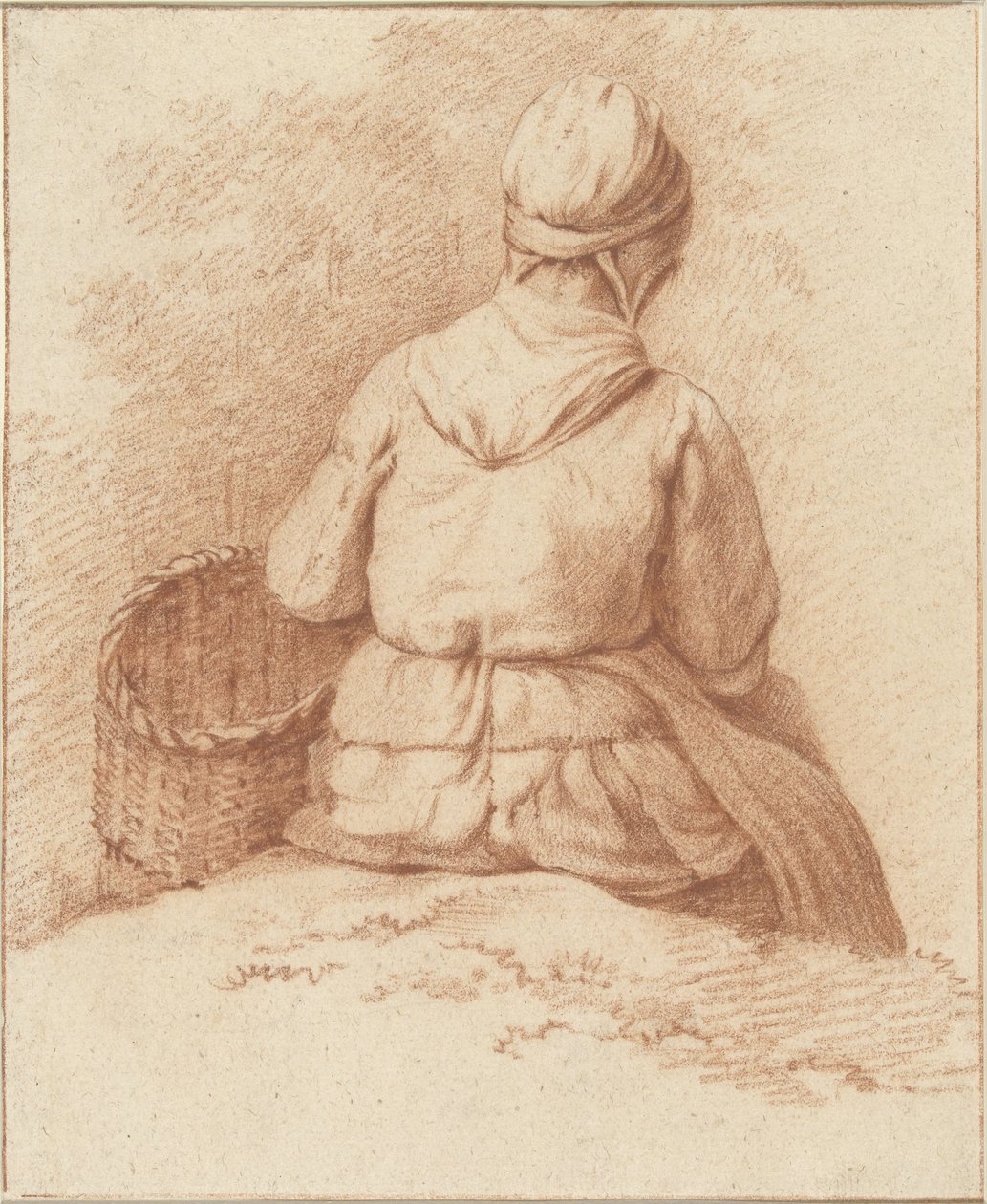 Sitzende Fischerfrau mit einem Korb am Arm, von hinten gesehen von Abraham Johannes Ruytenschildt