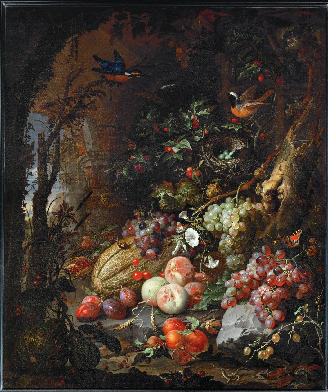 Blumen, Früchte, Vögel und Insekten in einer Landschaft mit Ruinen von Abraham Mignon