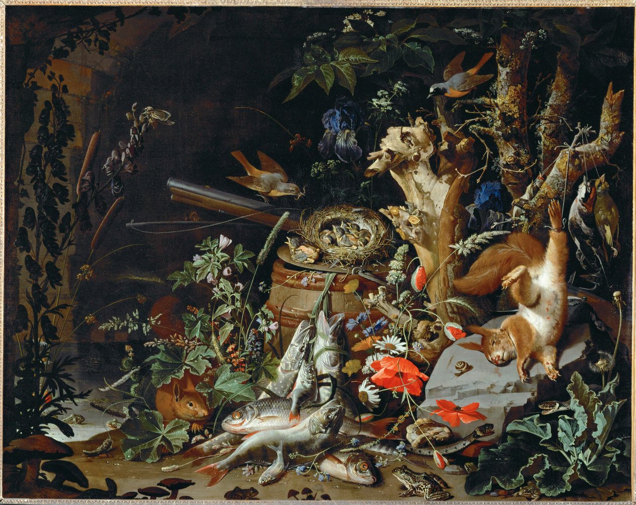 Das Nest der Finken - Fische, Reptilien und ein toter Eichhörnchen zwischen Pflanzen und Bäumen von Abraham Mignon