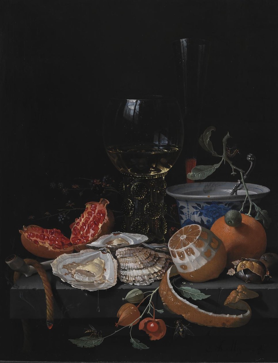 Austern, Obst und ein Weinglas auf einem Steintisch von Abraham Mignon