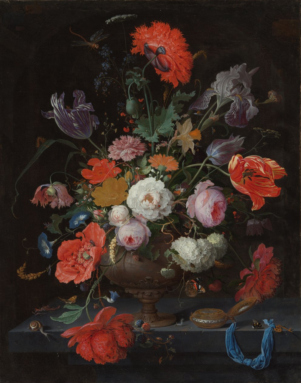 Stillleben mit Blumen und einer Uhr von Abraham Mignon