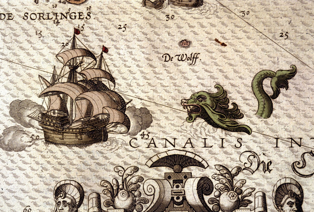 Ein Meeresmonster greift eine Galeone (Karavelle) an. Detail einer Karte in „Theatrum Orbis Terrarum“ von Abraham Ortelius, Antwerpen 1584. von Abraham Ortelius