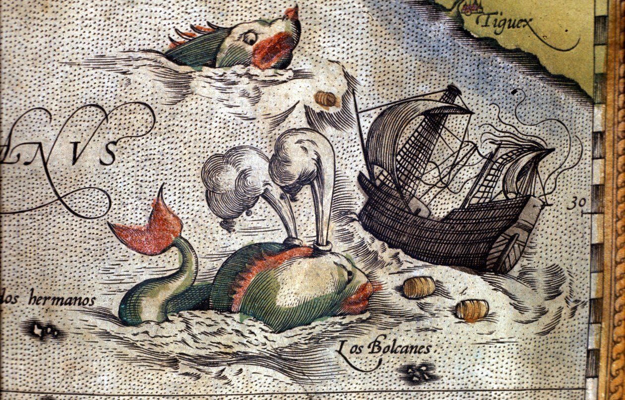 Ein Wal greift ein Schiff an. Tafel aus einer Ausgabe von „Theatrum Orbis Terrarum“ des Kartographen Abraham Ortelius (1527-1598) von Abraham Ortelius