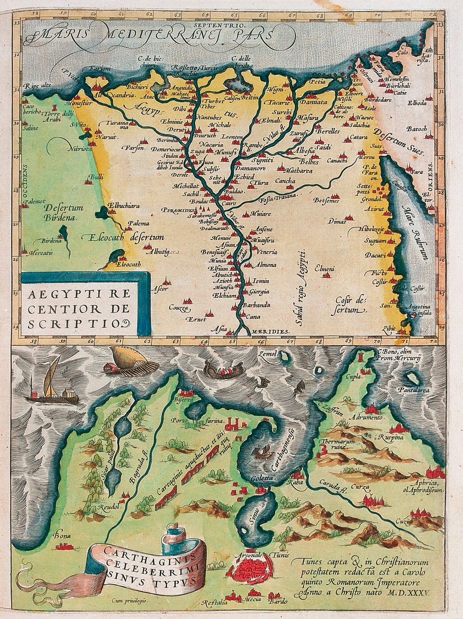 Aegypti Recentior Descriptio. - Carthaginis Celeberrimi Sinus Typus. Geographiekarte von Ägypten mit den Städten des Nils und Karthago (Tunesien) aus „Theatrum Orbis Terrarum“ von Abraham Ortelius von Abraham Ortelius