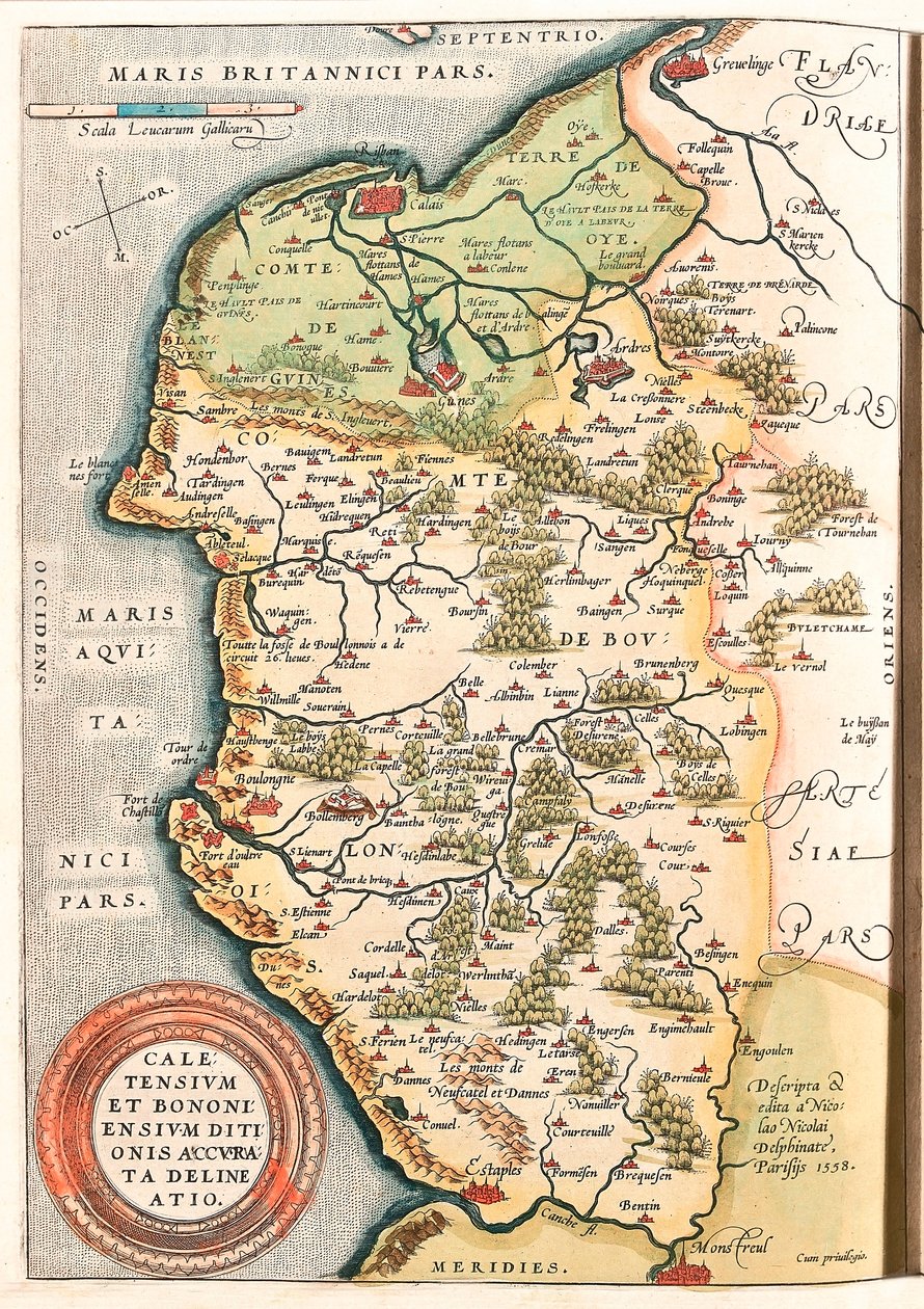 Caletensium et Bononiensium Ditionis Accurata Delineatio Geographische Karte des Boulonnais-Territoriums (Grafschaft Boulogne), Artois und Französisch-Flandern einschließlich der Orte Calais, Arches, Greuelinge, Etaples und Montreuil... aus „Theatrum Orbis von Abraham Ortelius