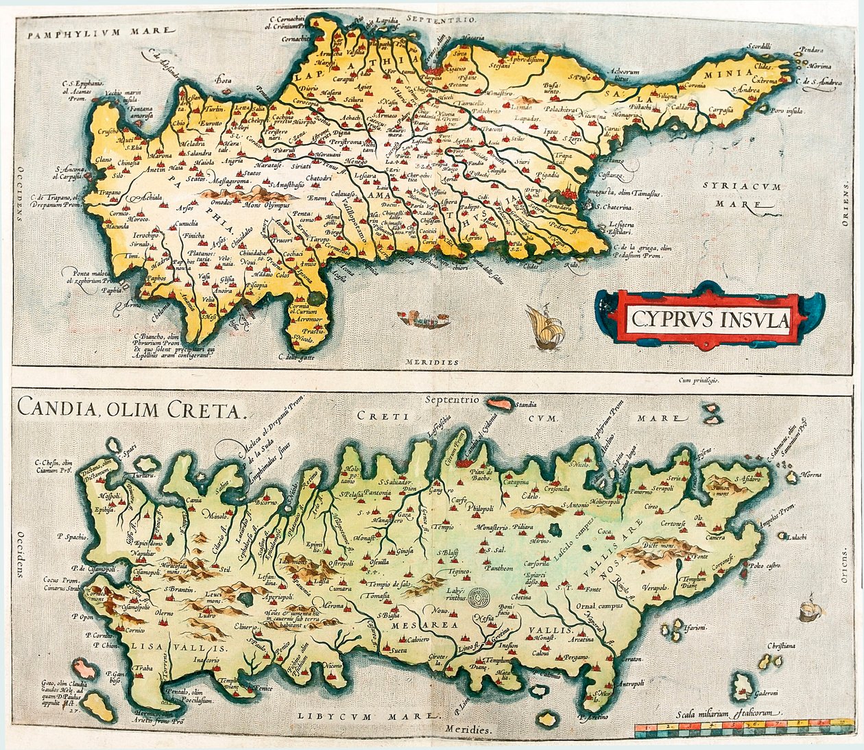Cyprus Insula - Candia, ehemals Kreta. Geographische Karte der Mittelmeerinseln Zypern und Kreta in Griechenland aus 