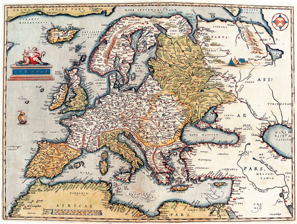 Beschreibung des europäischen Kontinents. Geographische Karte aus „Theatrum Orbis Terrarum“ von Abraham Ortelius von Abraham Ortelius