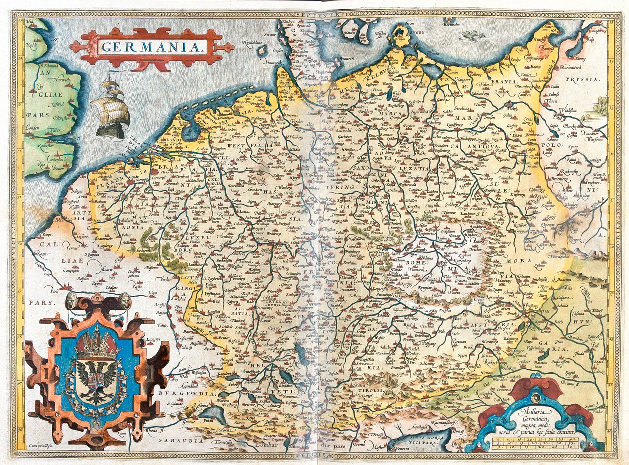Frankreich (Region: Obernormandie, Picardie, Nord-Pas-de-Calais, Île-de-France, Champagne-Ardenne, Lothringen, Elsass, Burgund, Franche-Comté, Rhône-Alpes), Belgien, Niederlande, Luxemburg, Deutschland, Polen (Woiwodschaft: Westpommern, Pommern, Lebus, Gr von Abraham Ortelius