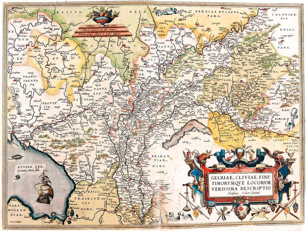 Gelriae, Cliviae, Finitimorum Qe Locorum Verissima Descriptio Christiano Schrot. Auctore. Geographische Karte des Gebiets der deutschen Niederlande aus „Theatrum Orbis Terrarum“ von Abraham Ortelius (Oertel, Ortell oder Ortel) von Abraham Ortelius