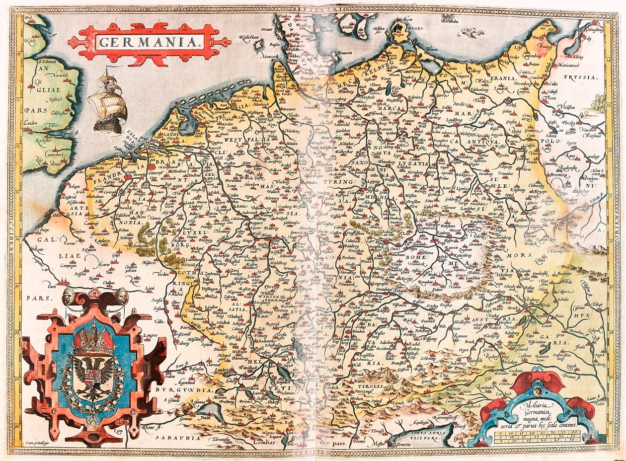 Germania Geographiekarte des Territoriums von Germania (Heiliges Römisches Reich) aus „Theatrum Orbis Terrarum“ von Abraham Ortelius von Abraham Ortelius