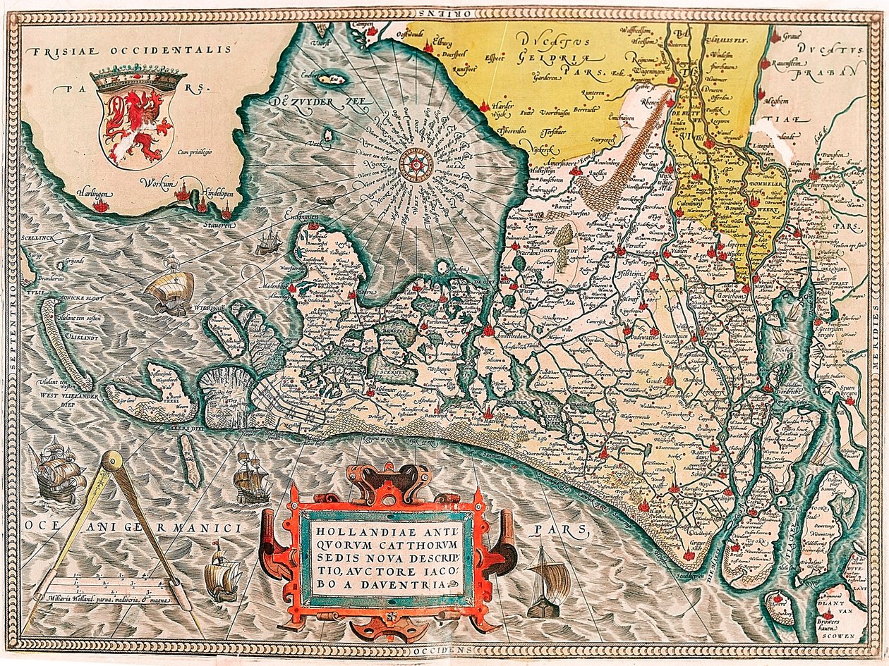 Hollandiae antiquorum catthorum sedis nova descriptio, auctore lacobo a daventria Geographische Karte des Gebiets der Niederlande mit den Städten Amsterdam und Haarlem... aus „Theatrum Orbis Terrarum“ von Abraham Ortelius (Oertel, Ortell oder Orte von Abraham Ortelius