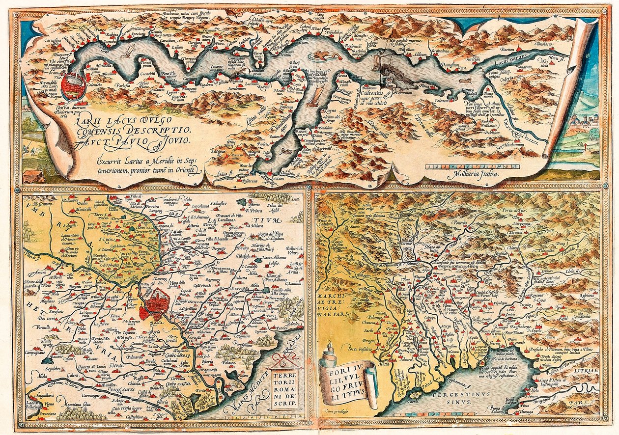 Larii Lacus Vulgo Tertorii Romani Fori Iulii. Geographische Karte von Norditalien aus „Theatrum Orbis Terrarum“ von Abraham Ortelius (Oertel, Ortell oder Ortel) von Abraham Ortelius